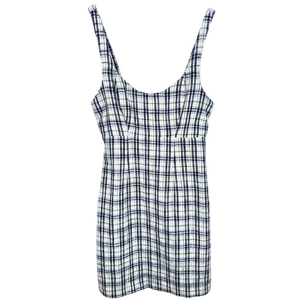 Abercrombie & Fitch White Blue Green Plaid Tweed Sleeveless Mini Dress Womens M